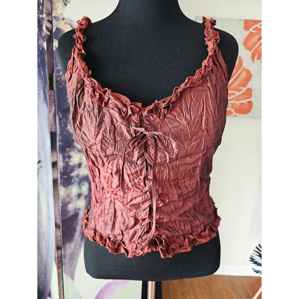 ANNE GIORGIO Rust Crinkle Lace Up Corset Top Ruffle Smocked Back WHIMSIGOTH sz L
